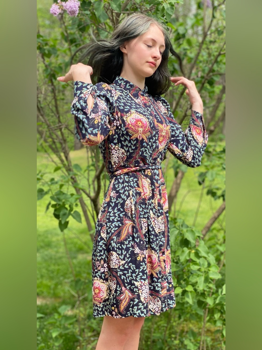 LOFT Black Floral Button Up Long Sleeve Midi Dress with Pink & Green Accents 0P